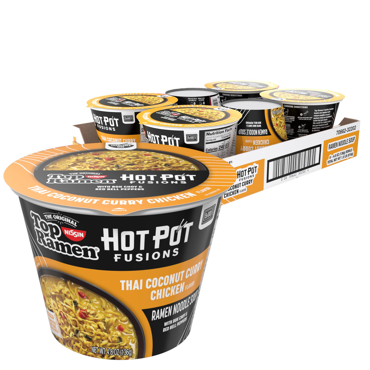 NISSIN Top Ramen Hot Pot Fusions Thai Coconut Curry Chicken bowl featuring colorful veggies for quick dinners.