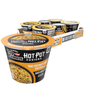 NISSIN Top Ramen Hot Pot Fusions Thai Coconut Curry Chicken bowl featuring colorful veggies for quick dinners.