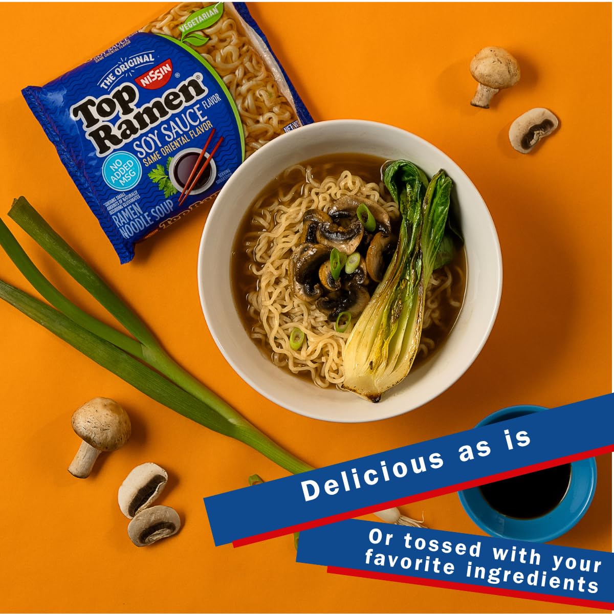 NISSIN Top Ramen noodle serving, quick three-minute meal for busy days.