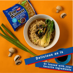 NISSIN Top Ramen noodle serving, quick three-minute meal for busy days.