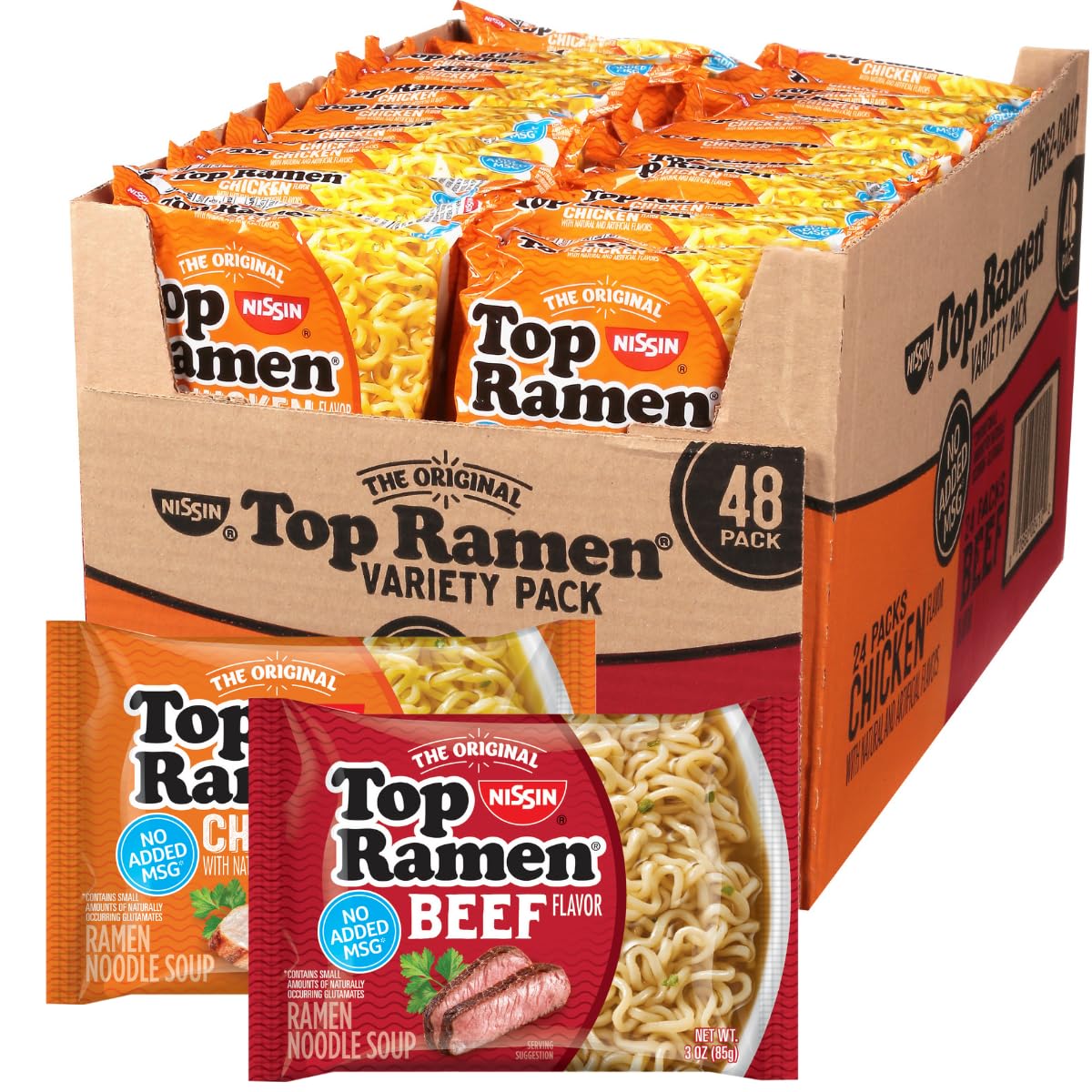 NISSIN Top Ramen chicken flavor noodles in a convenient pack for quick meals.