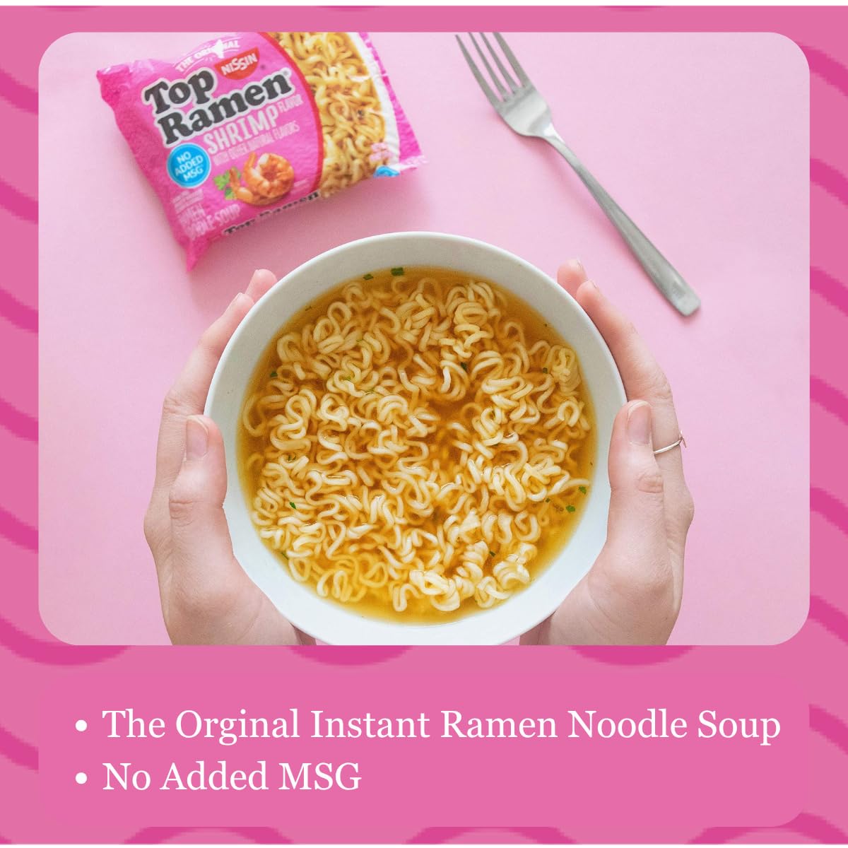 NISSIN Top Ramen Shrimp flavor noodles with seasoning for 3-minute prep.