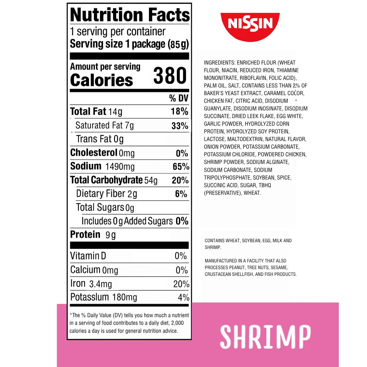 NISSIN Top Ramen Shrimp flavor ingredients close-up highlighting shrimp noodles.