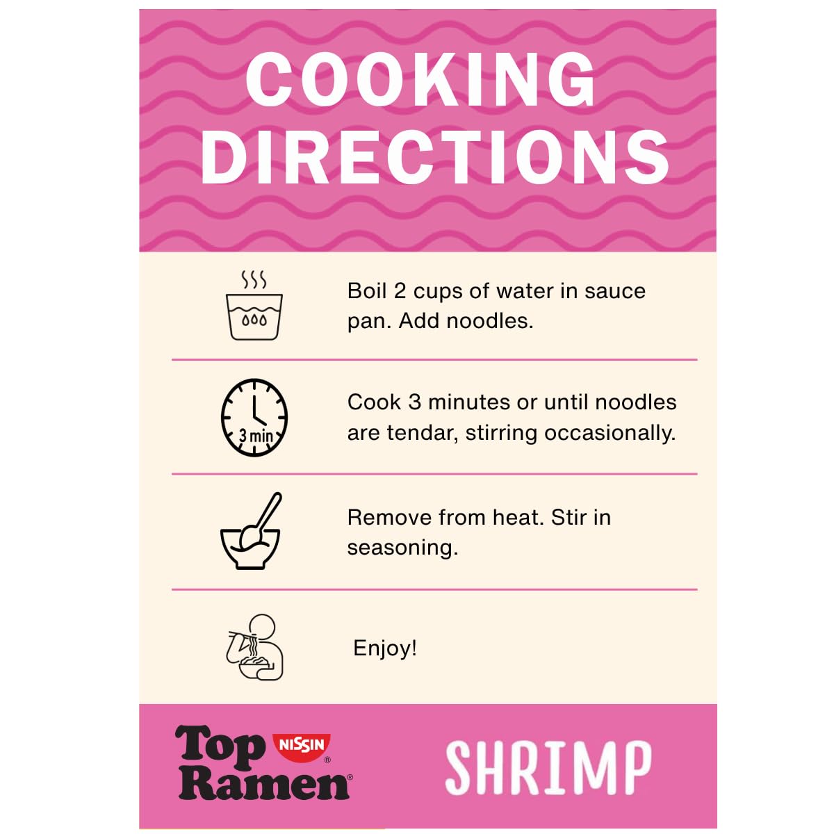 NISSIN Top Ramen Shrimp flavor seasoning packet close-up with no added MSG.