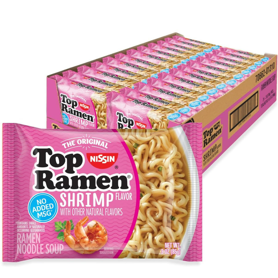 NISSIN Top Ramen Shrimp flavor ready-to-serve bowl for quick meals.