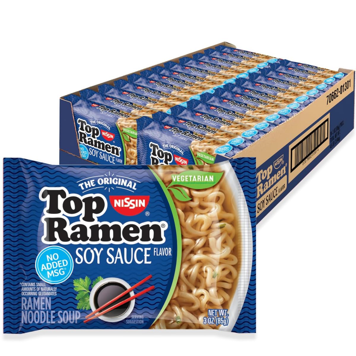 NISSIN Top Ramen soy sauce flavor bowl, rich aroma and convenient preparation.
