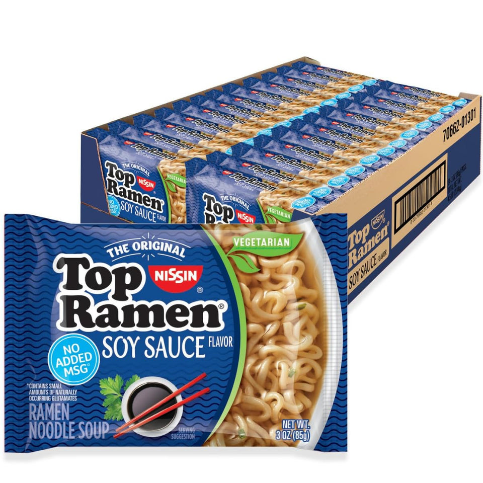 NISSIN Top Ramen soy sauce flavor bowl, rich aroma and convenient preparation.