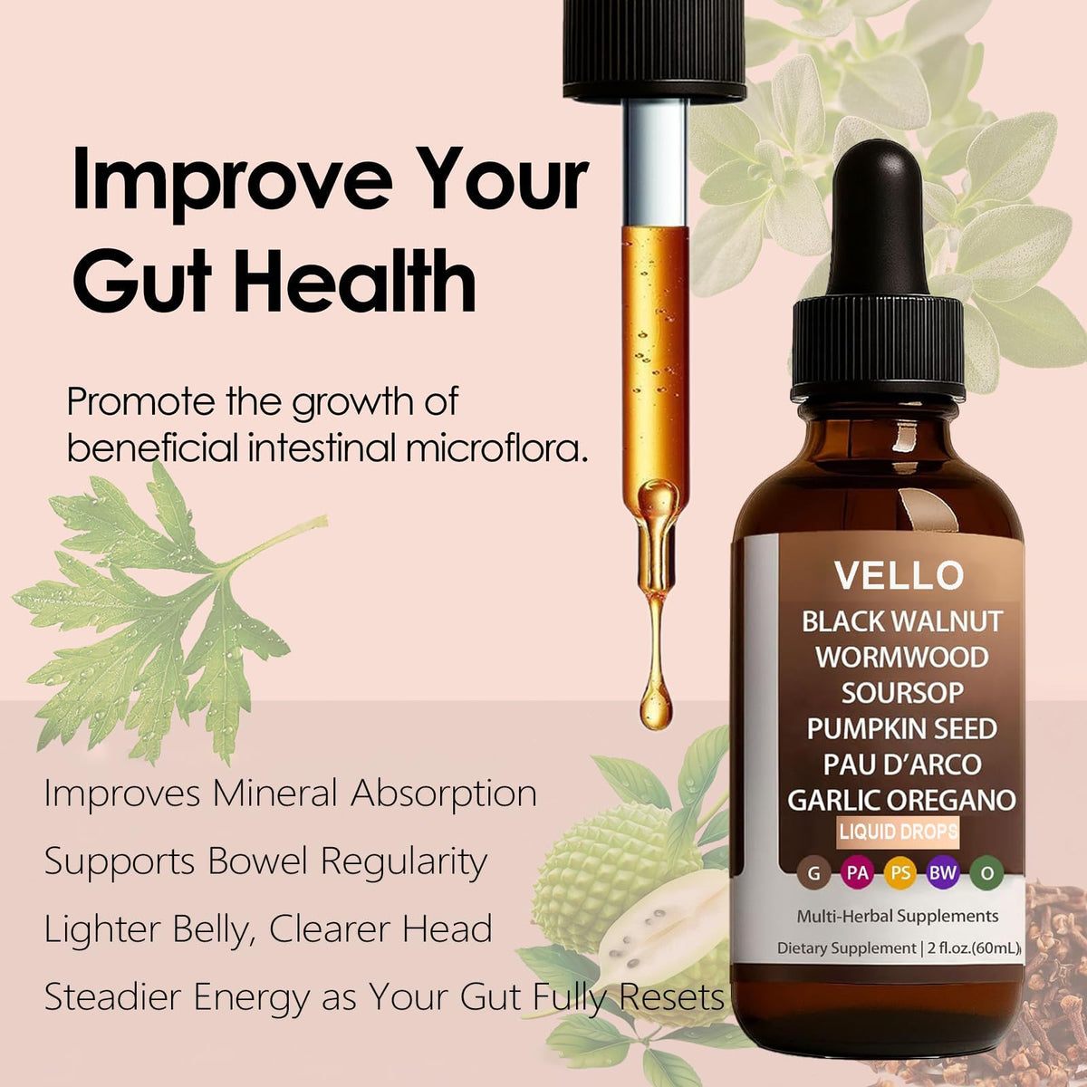 Nitidissima VELLO herbal ingredients closeup featuring black walnut and wormwood.