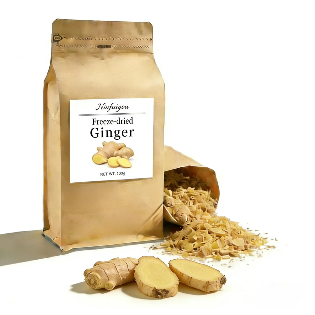Niufuiyova ginger flakes pack showing convenient, additive-free flavor