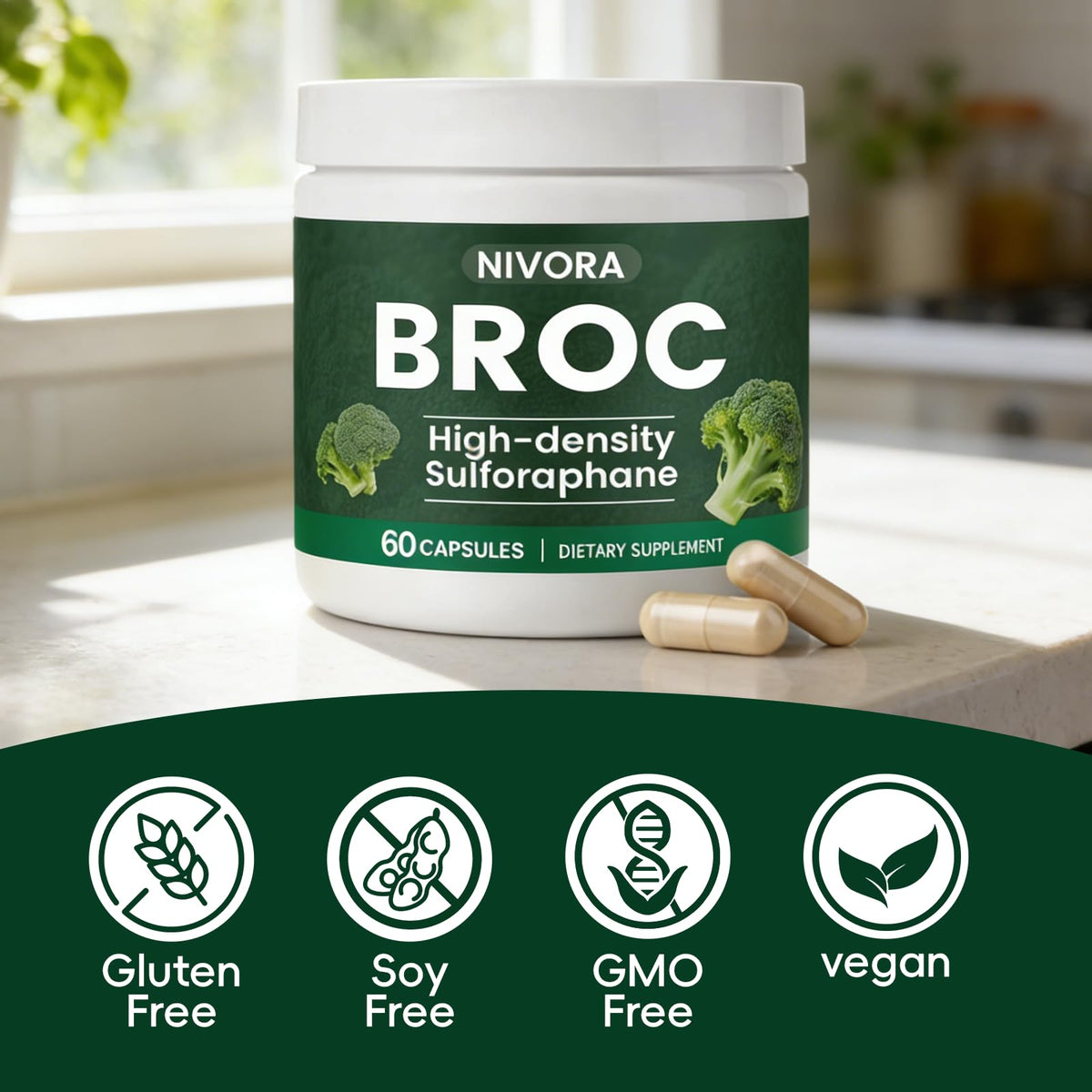 NIVORA broccoli sprouts graphic indicates natural sulforaphane source.