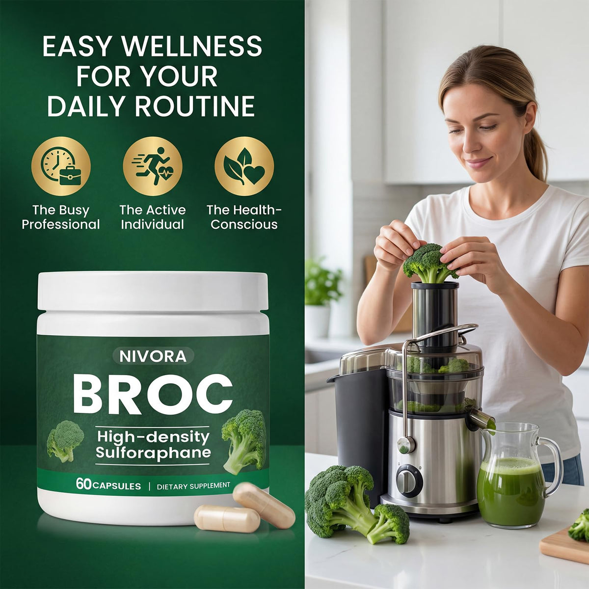 NIVORA Broc capsules lifestyle shot for daily vitality.