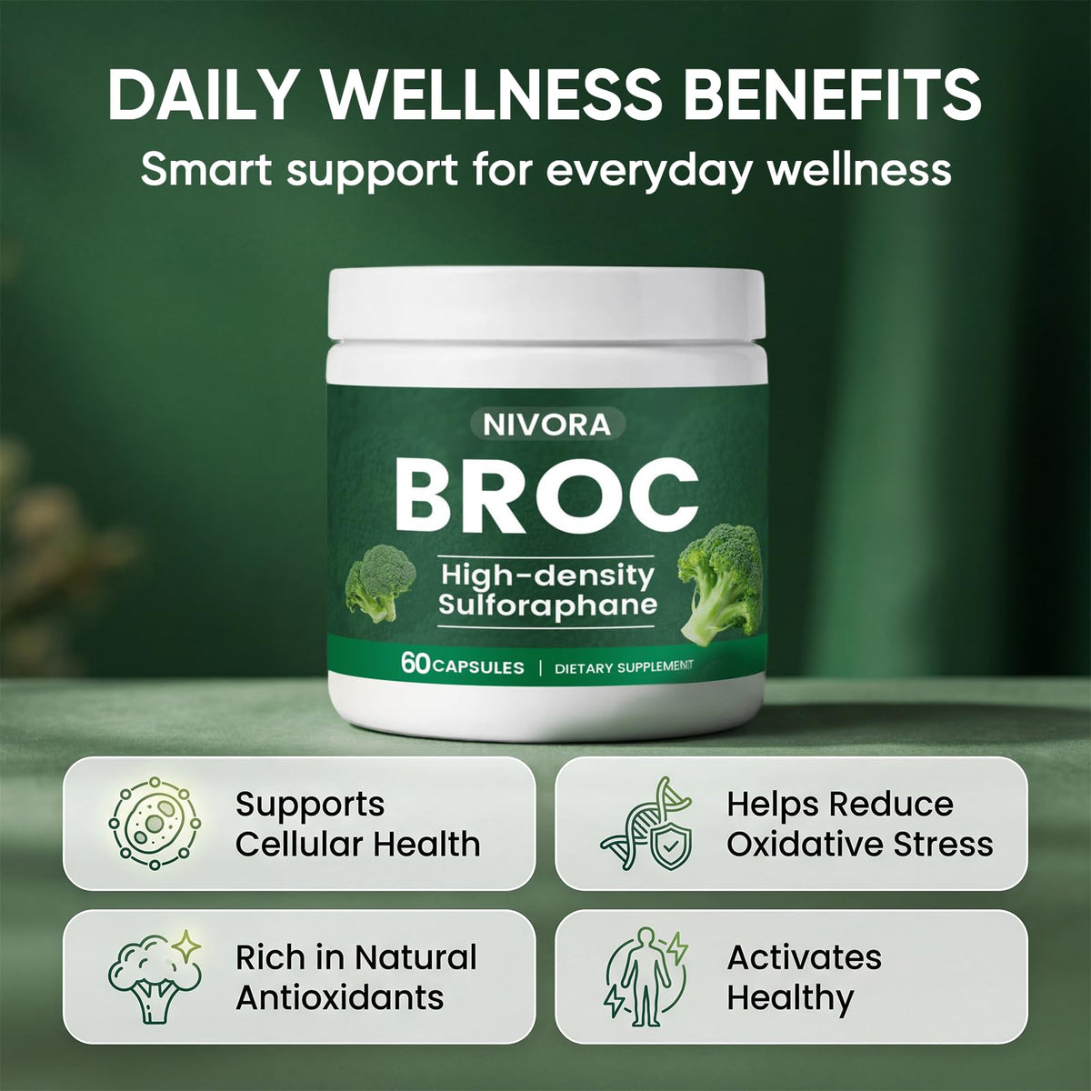 NIVORA Broc sprout extract visual highlighting high-density sulforaphane.