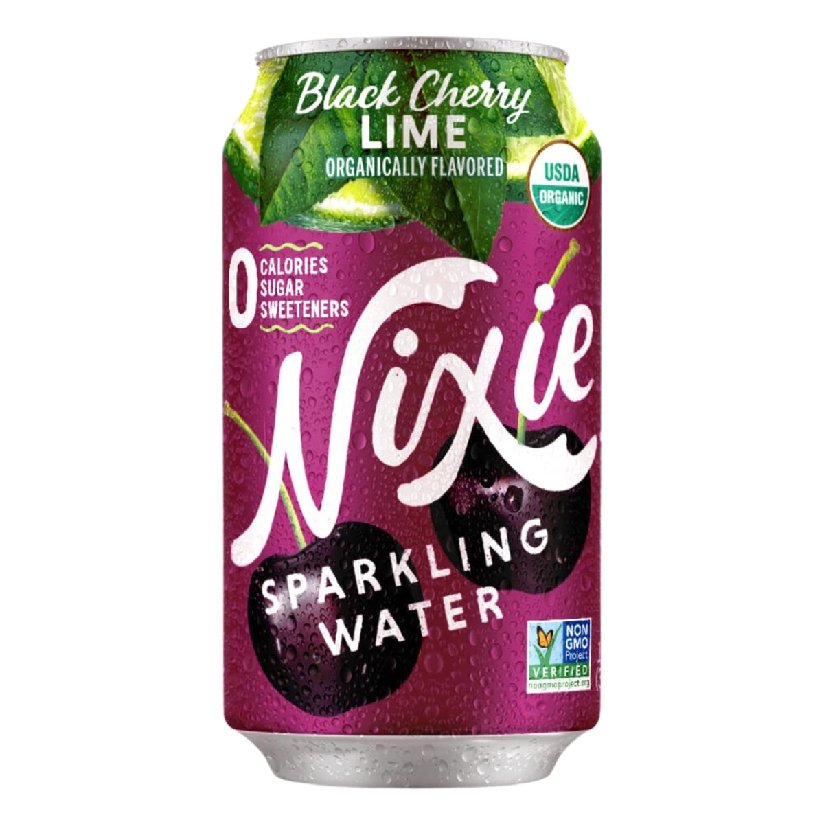 Nixie Black Cherry Lime can side view with crisp bubbles for a refreshing sip