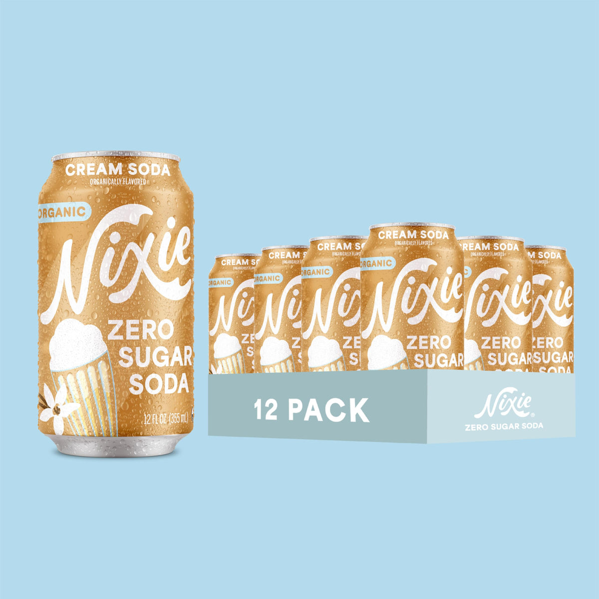 Nixie Caffeine-free soda can resting on a table, great for evening flavor without jitters.