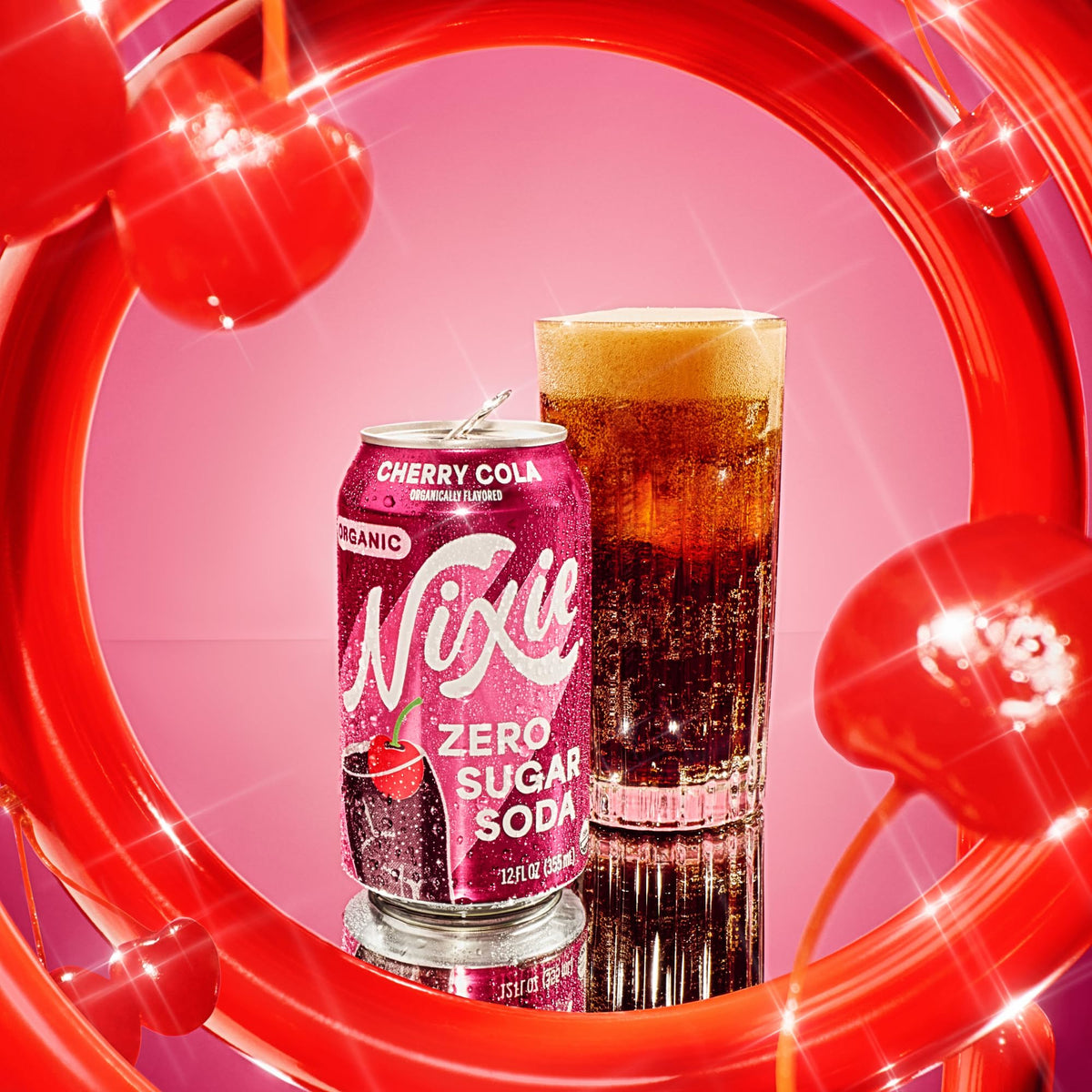 Nixie Cherry Cola bottle close-up showcases bold flavor identity and sparkle.