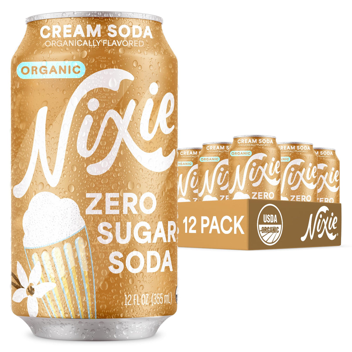 Nixie Cream Soda can front view highlighting zero sugar option for guilt-free sipping.