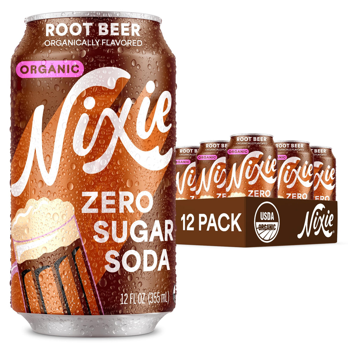 Nixie Root Beer can front showing zero sugar option