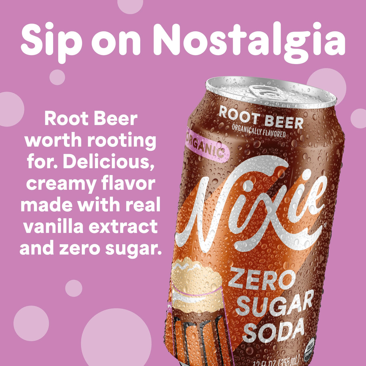 Nixie Root Beer can pour into glass highlighting creamy flavor
