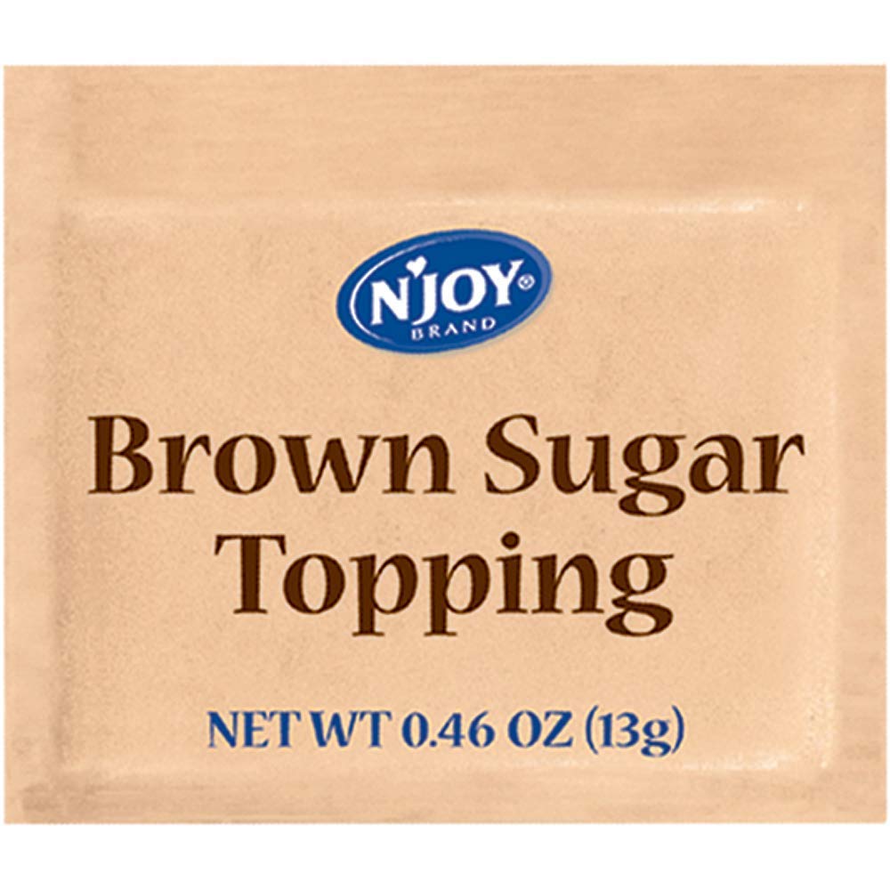 N'Joy brown sugar topping packet sprinkled over oatmeal for quick sweetness.