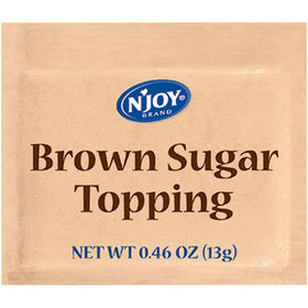 N'Joy brown sugar topping packet sprinkled over oatmeal for quick sweetness.