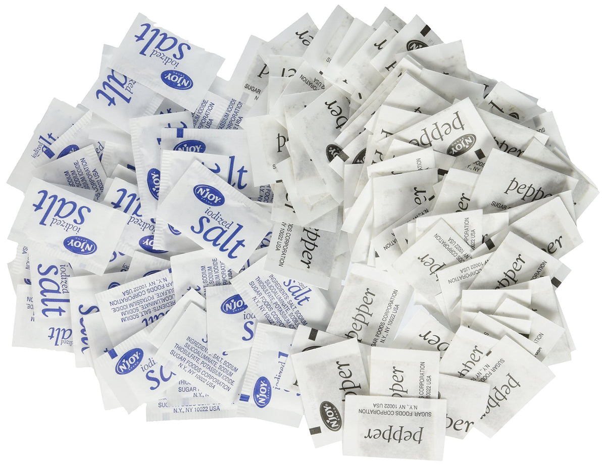 N'Joy iodized salt-and-pepper packets for quick, mess-free seasoning