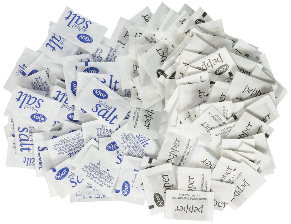 N'Joy iodized salt-and-pepper packets for quick, mess-free seasoning