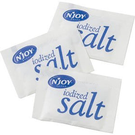 N'Joy iodized salt portion packets closeup for precise, convenient salting anywhere.