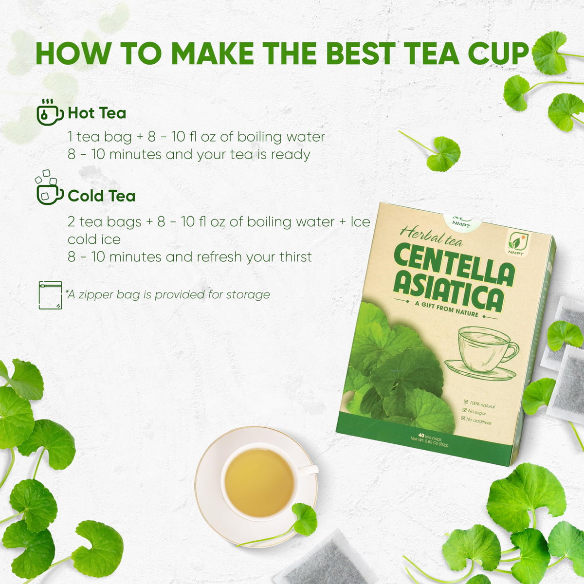 NMPT Centella Asiatica tea ready to infuse for calm moments.
