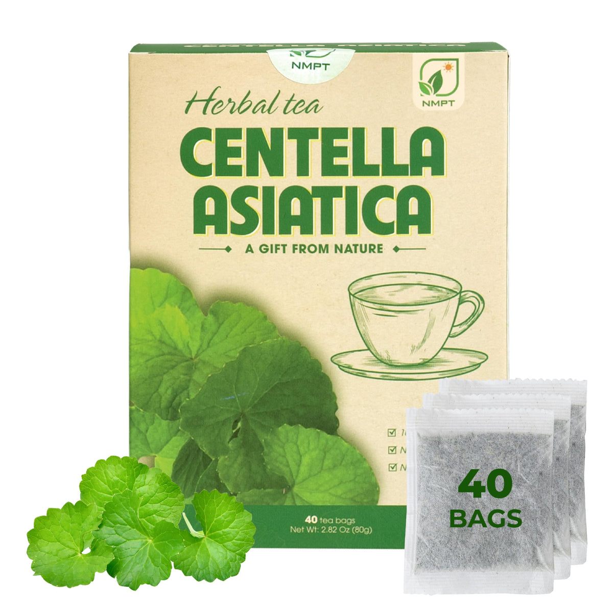 NMPT Centella Asiatica tea box showcases organic herbal blend for daily relaxation.