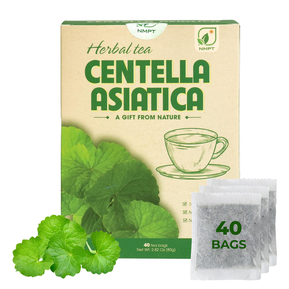 NMPT Centella Asiatica tea box showcases organic herbal blend for daily relaxation.