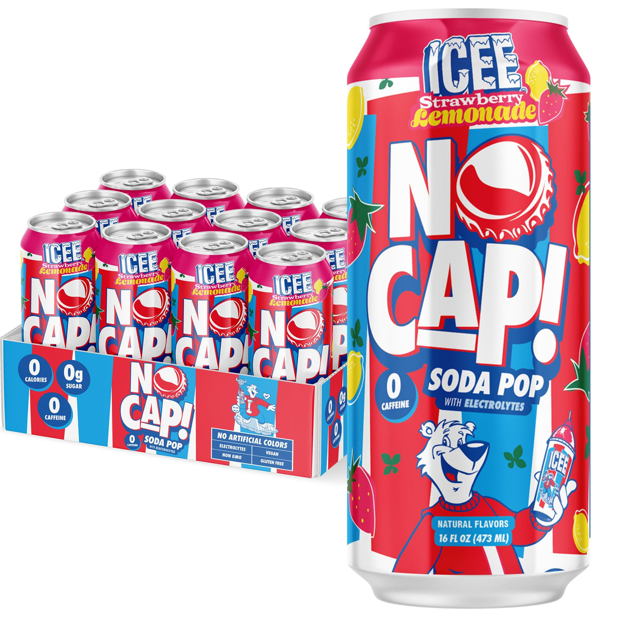 NO CAP! Soda Pop strawberry lemonade bottle highlighting zero sugar and clean hydration