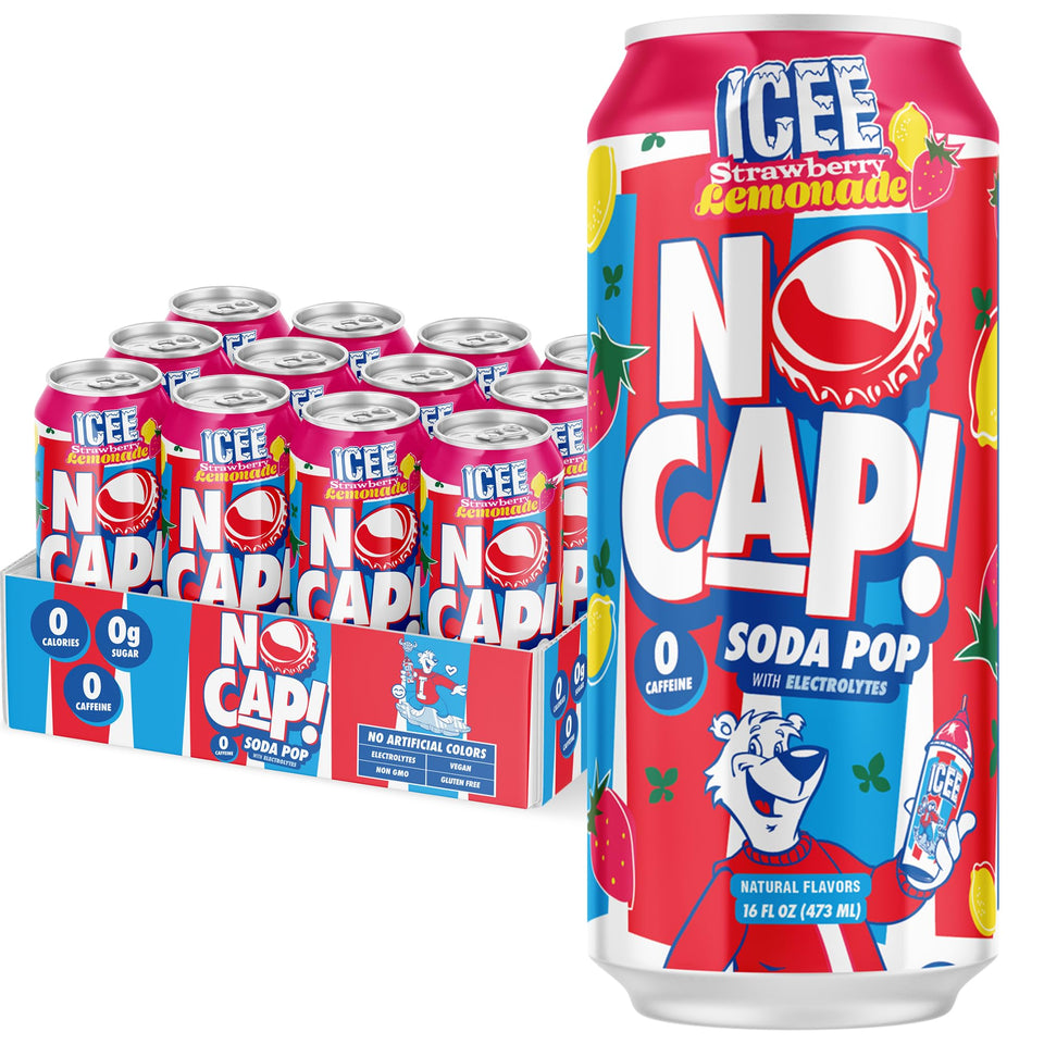 NO CAP! Soda Pop strawberry lemonade bottle highlighting zero sugar and clean hydration