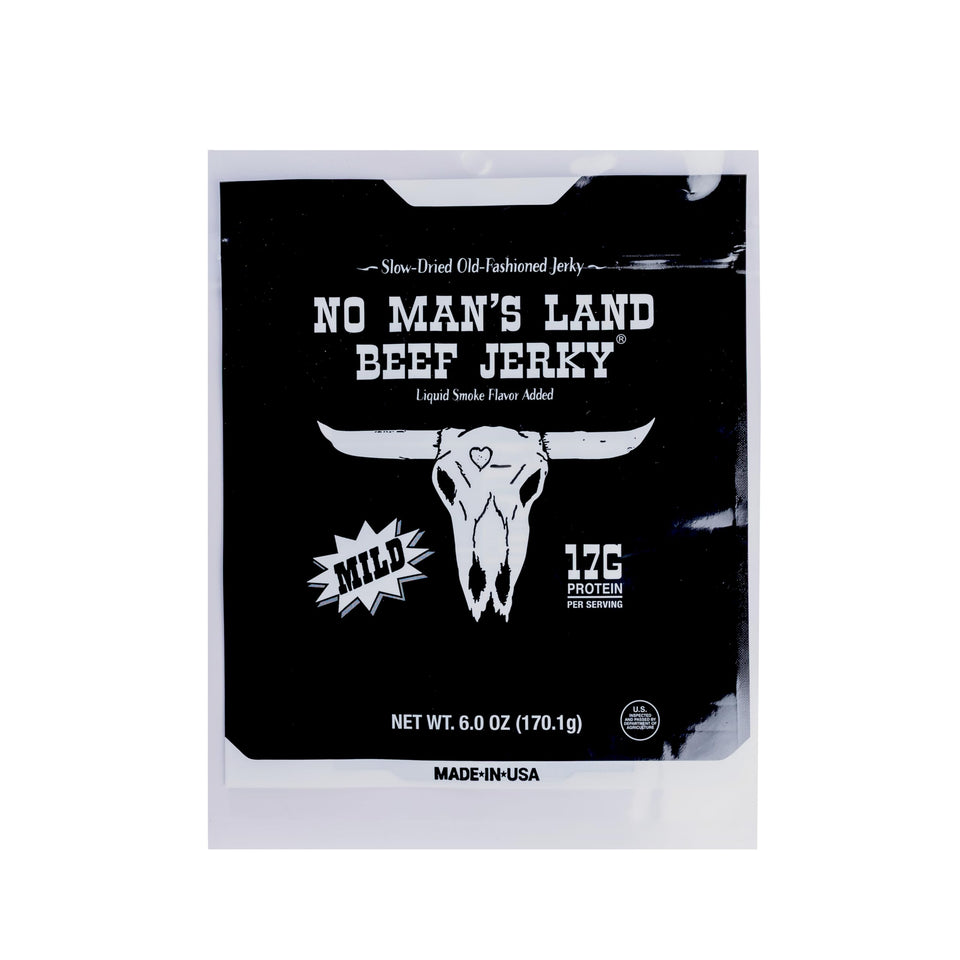 No Mans Land Beef Jerky with 17g protein per bag for on-the-go fuel