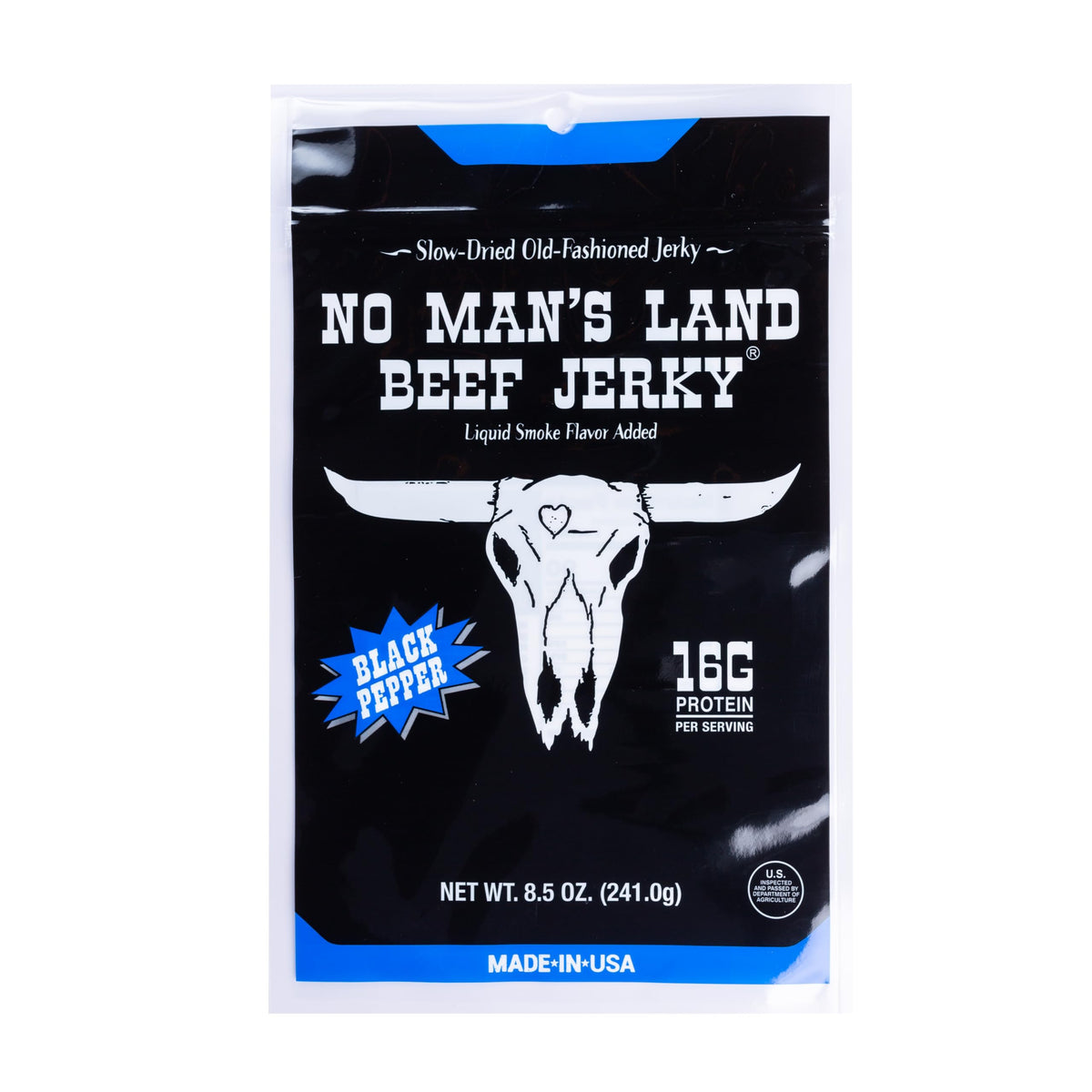 No Mans Land Black Pepper jerky bag with bold flavor on the go