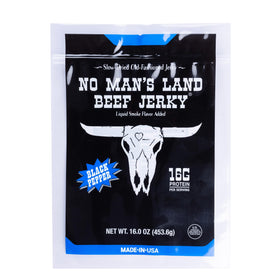 No Man's Land Beef Jerky Black Pepper bag, high-protein snack on the go.