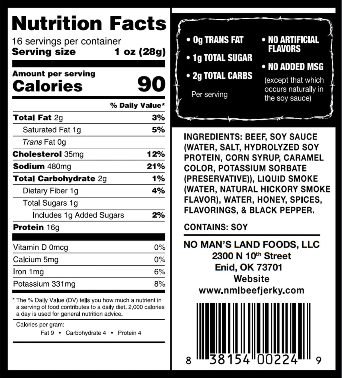 No Man's Land Beef Jerky Black Pepper nutrition facts with 90 calories per serving.