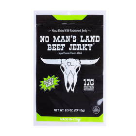 No Mans Land Fajita Lime beef jerky bag, high-protein snack on the go.