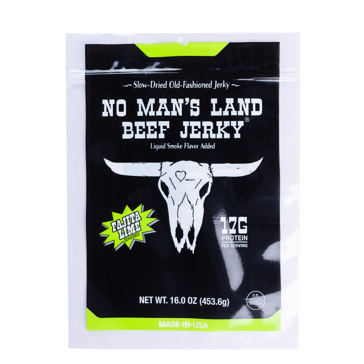 No Mans Land Beef Jerky fajita lime pack for on-the-go high-protein snacking.