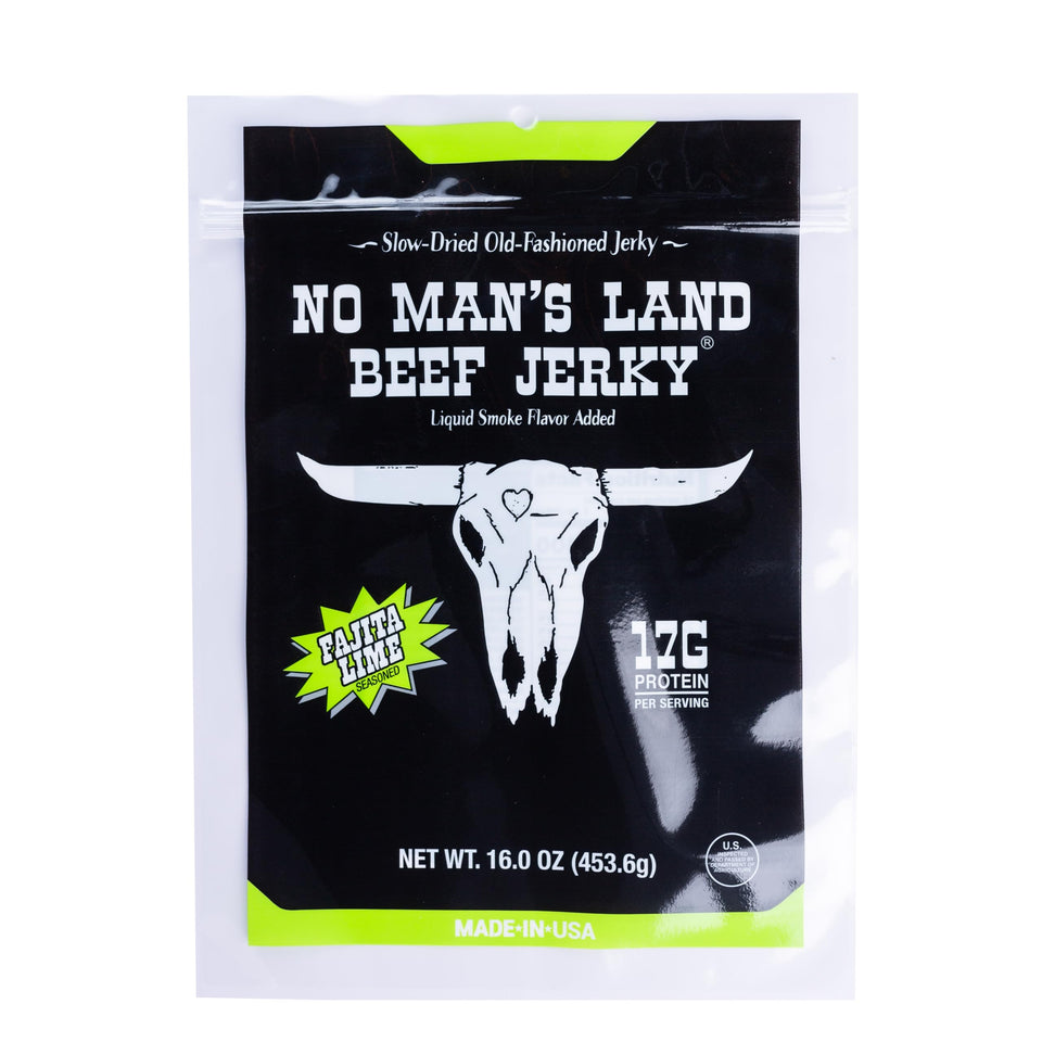 No Mans Land Beef Jerky fajita lime pack for on-the-go high-protein snacking.