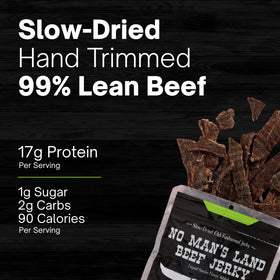 No Mans Land Fajita Lime jerky slices showing lean marinated meat texture.