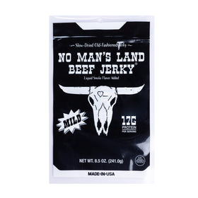 No Mans Land jerky packaging showing mild flavor and on-the-go convenience