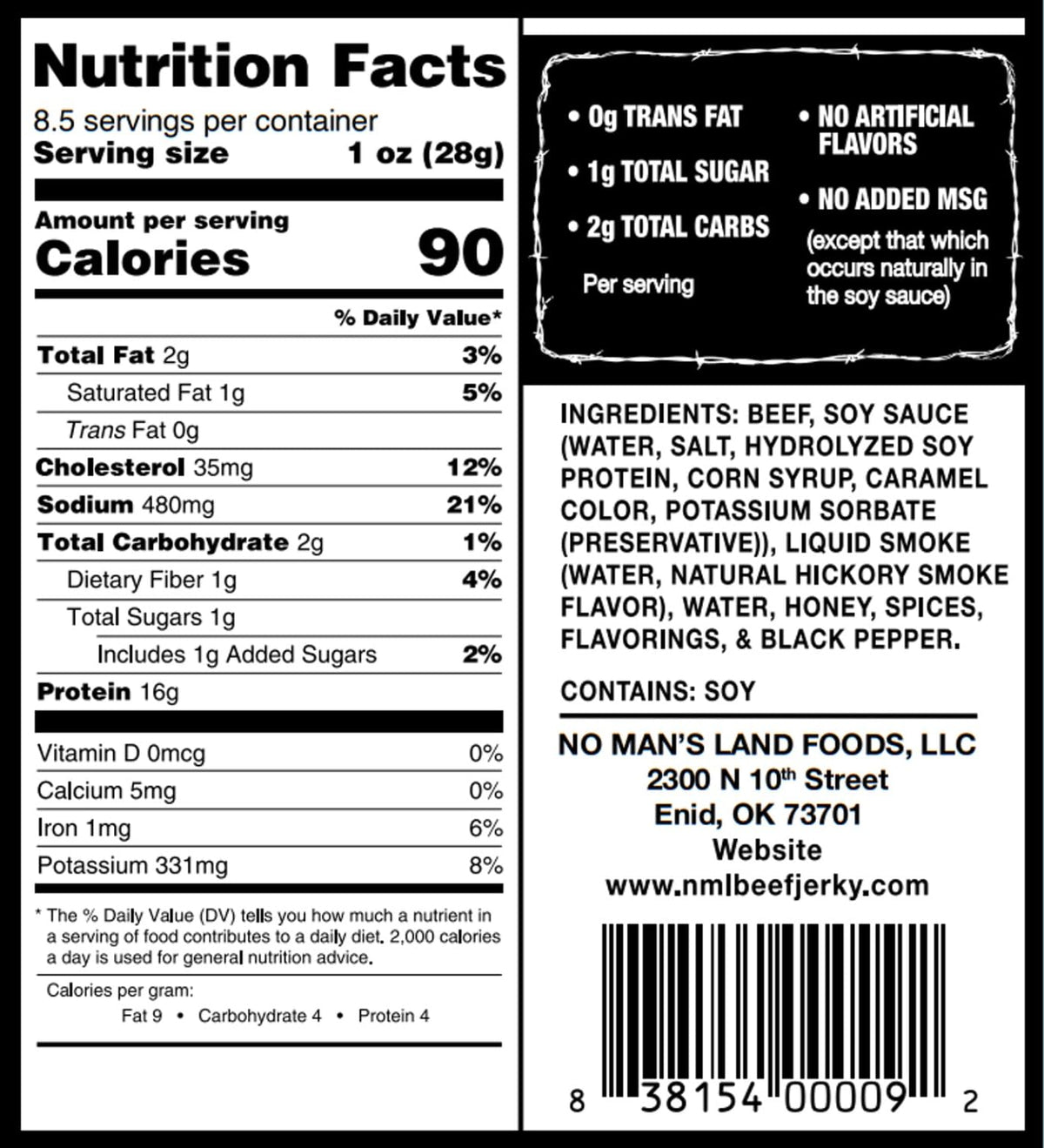 No Mans Land jerky nutrition panel shows low sugar and carbs