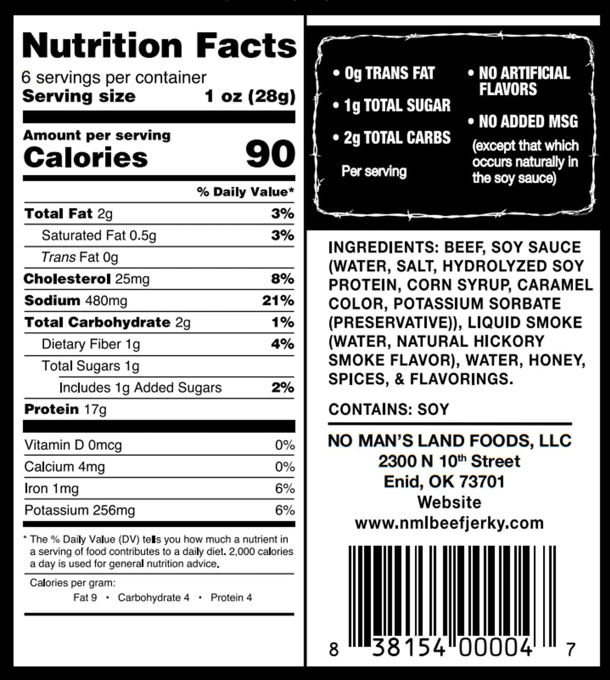 No Mans Land Slow-dried Oklahoma beef jerky texture and savory flavor