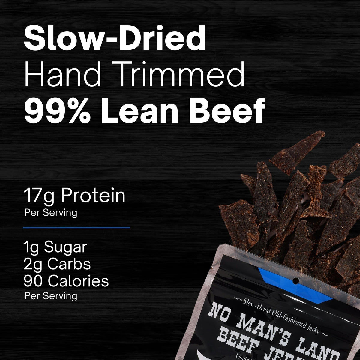No Mans Land slow-dried jerky strips with smoky, lean texture