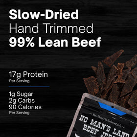 No Mans Land slow-dried jerky strips with smoky, lean texture