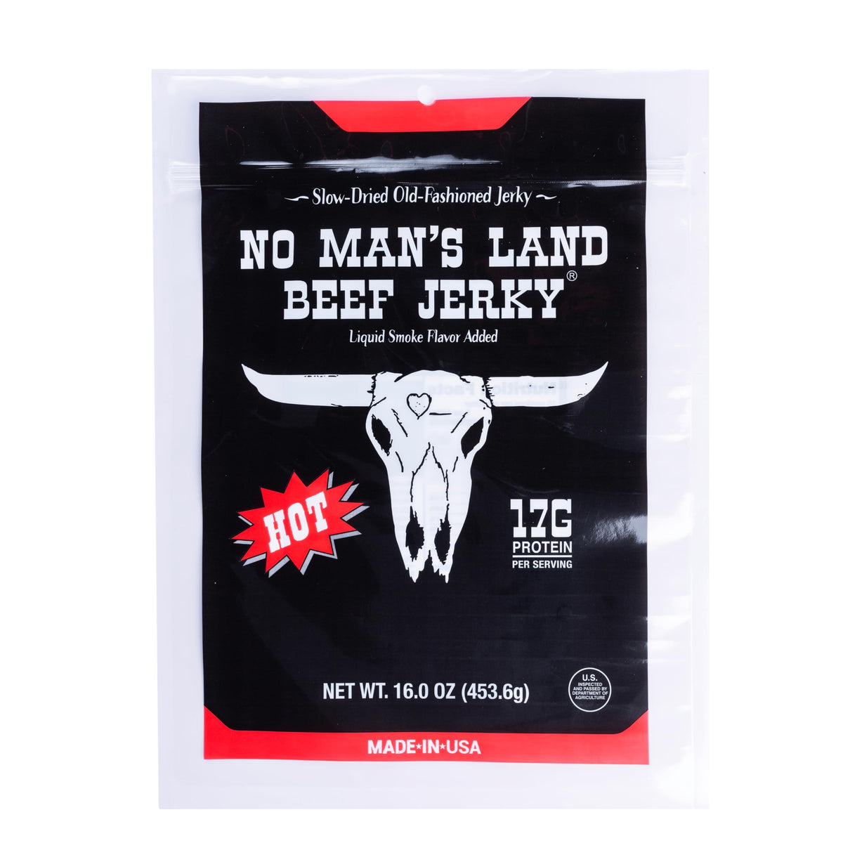 No Mans Land Beef Jerky HOT bag 16oz showcases bold flavor for on-the-go snack.