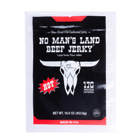 No Mans Land Beef Jerky HOT bag 16oz showcases bold flavor for on-the-go snack.