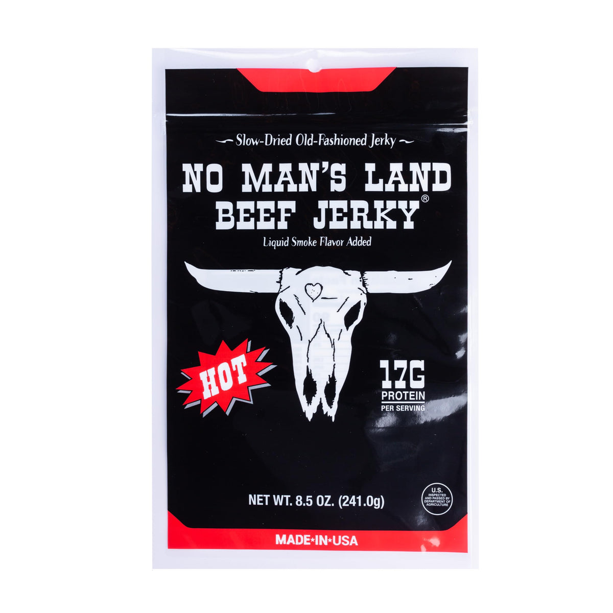 No Mans Land Hot jerky package front view, bold flavor and protein in one snack.