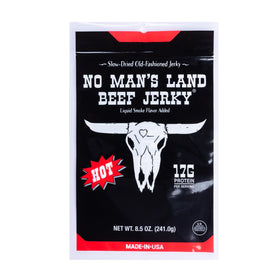 No Mans Land Hot jerky package front view, bold flavor and protein in one snack.