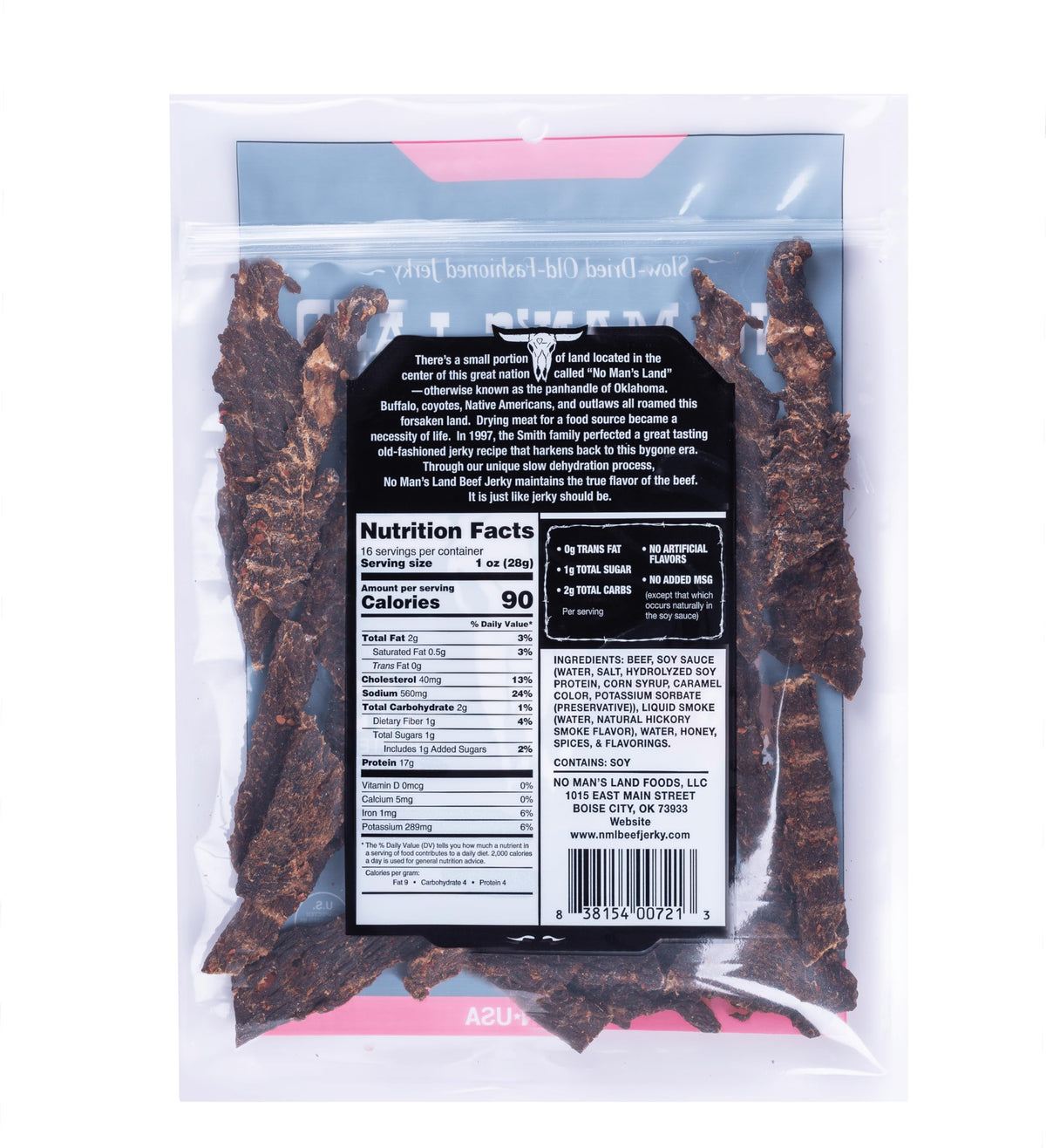 No Mans Land jerky strips close-up shows spicy seasoning and chewy texture.